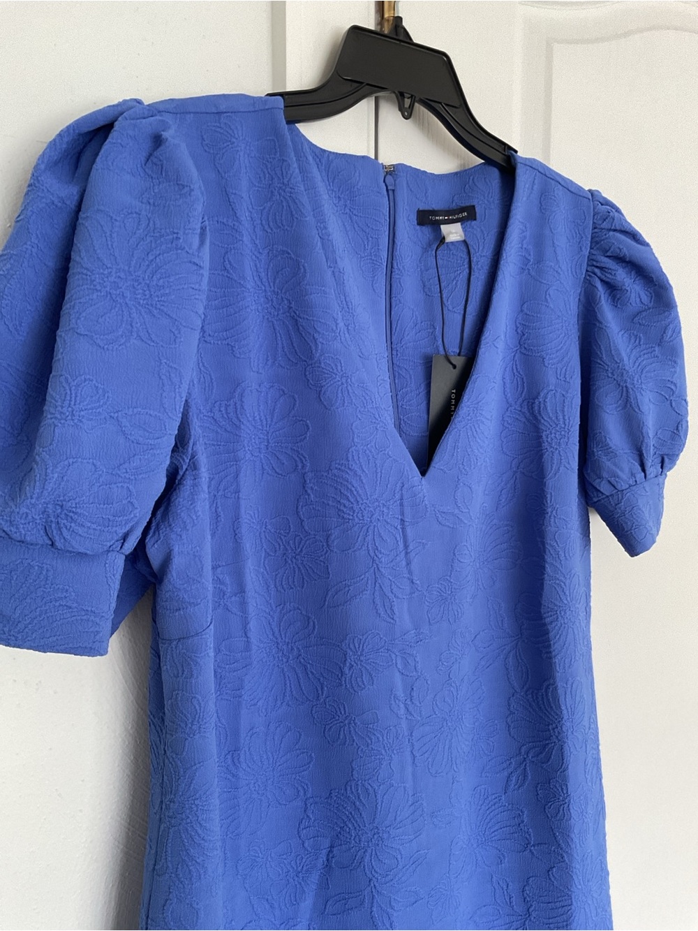 Tommy Hilfiger Royal Blue V-Neck Midi Dress with Puff Sleeves